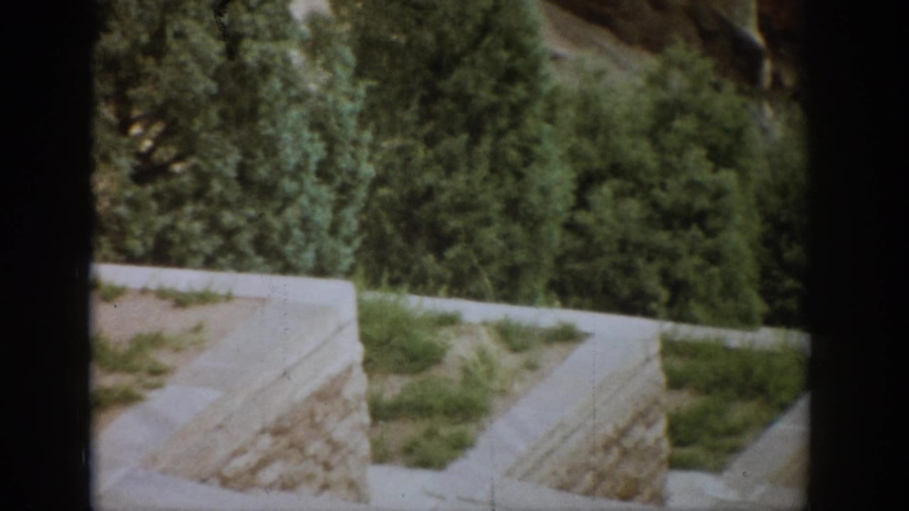 1959 Colorado 8mm frame showing a stone retaining wall, pale edging, grass, and dense green trees from a visitor viewpoint.