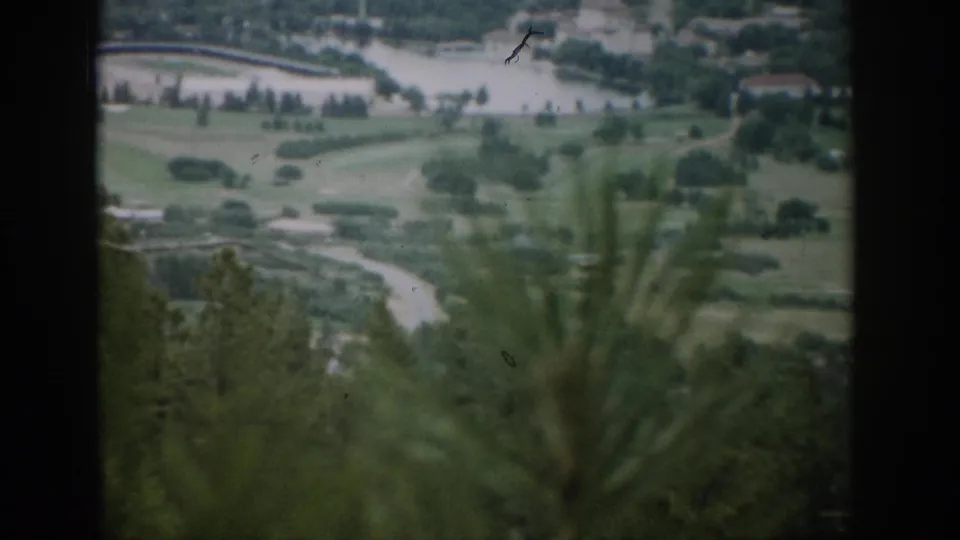 Elevated 1959 Colorado view of a green golf course, water, roads, and foreground pine branches in soft 8mm color.