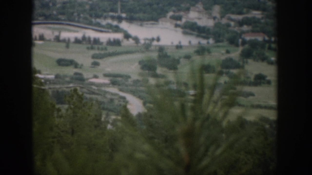 1959 Colorado 8mm frame from a high overlook showing a soft valley view with pine foreground, fields, road, water, and distant buildings.