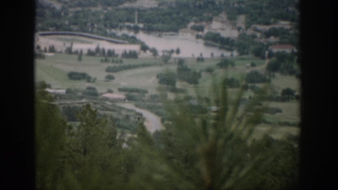 Soft elevated landscape with foreground pine, green valley, water, roads, and distant structures.