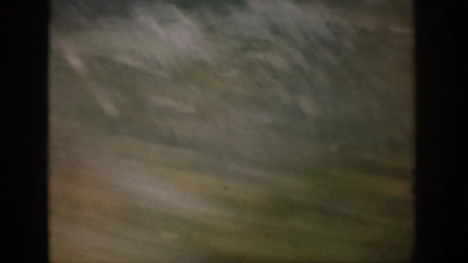 Colorado 1959 moving-car frame with a blurred slope, pale rock, and green roadside vegetation.