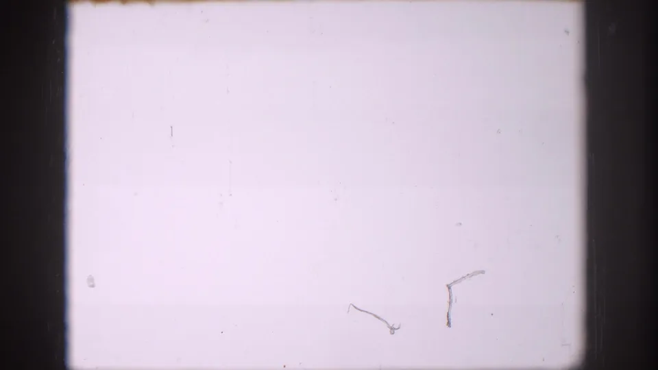 A pale 8mm frame with dark gate edges and tiny surface marks, likely preceding the sign detail in the Colorado home-movie clip.