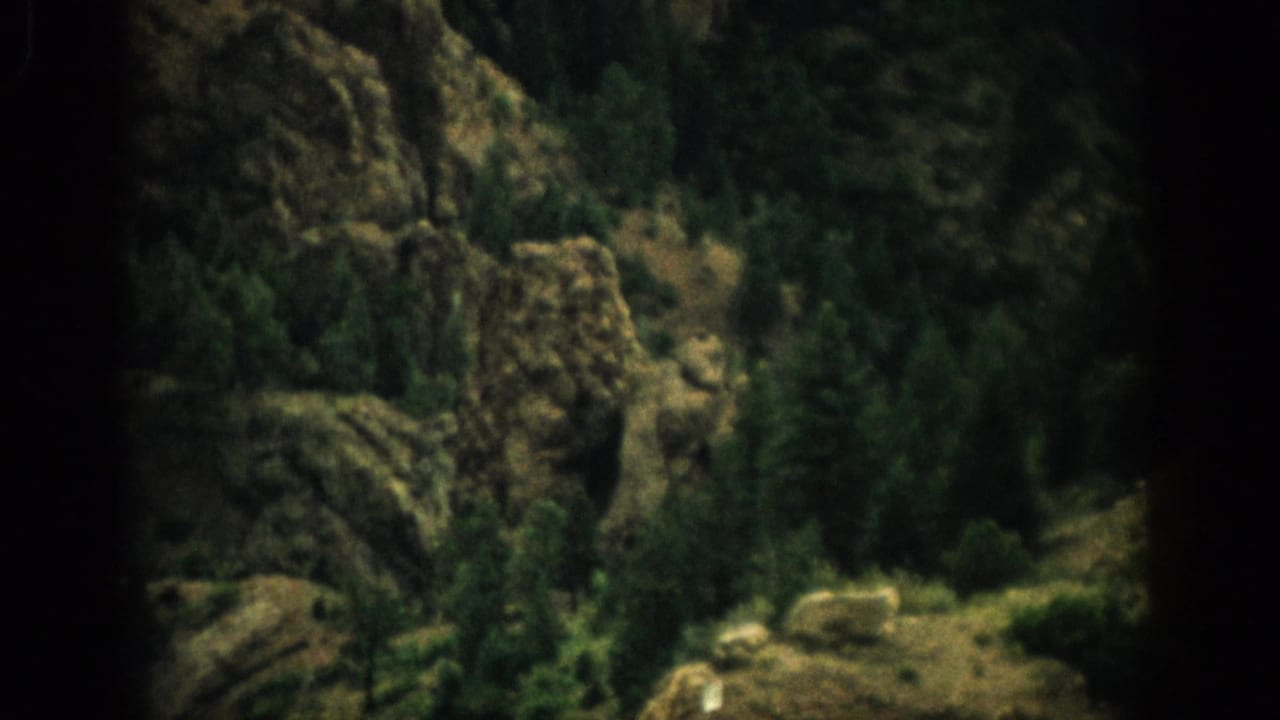 Rocky evergreen-covered mountainside in bright daylight with dark film borders.