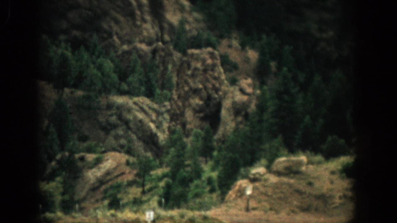 1959 Colorado 8mm frame of a rugged tree-covered slope, with a pale marker or post visible near the lower edge.
