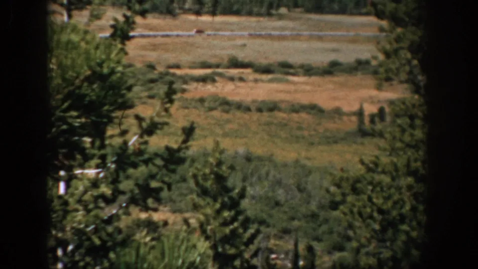 Soft 8mm frame of a red car on a distant road above dry Colorado valley grass and pine branches.