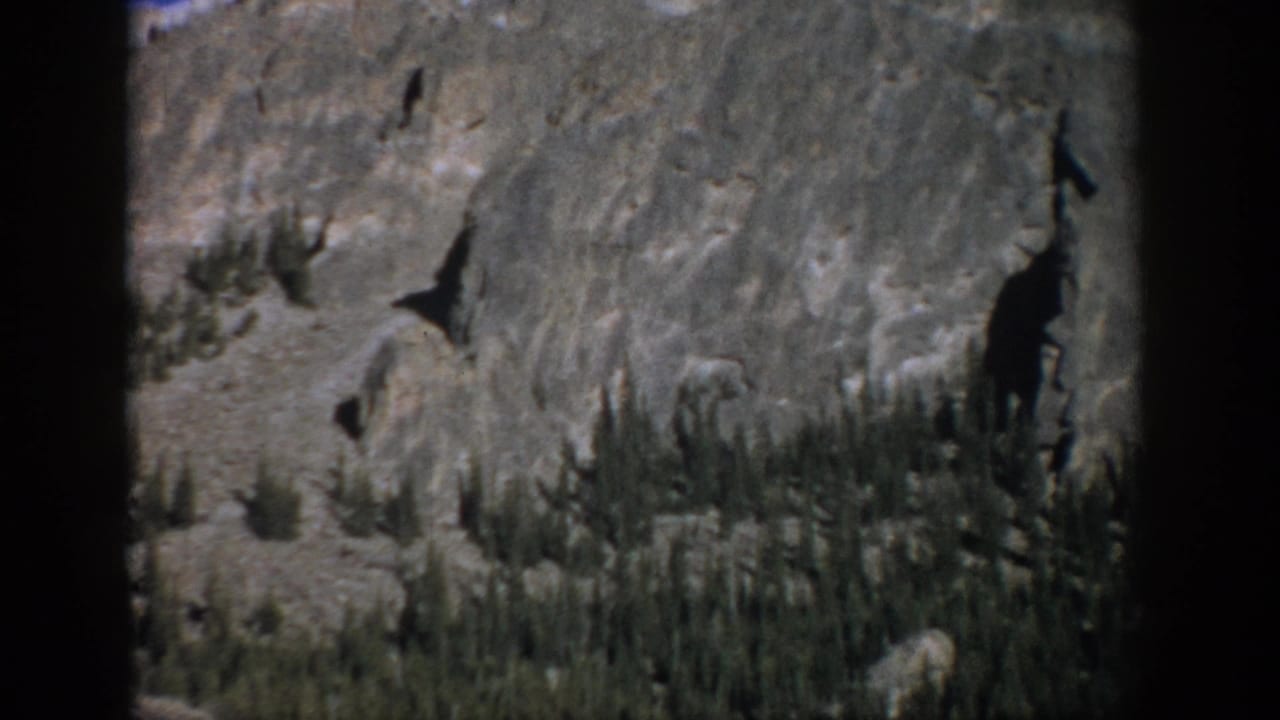 1959 Colorado 8mm frame showing rugged rock formations, conifer trees on a steep slope, and a narrow strip of blue sky.
