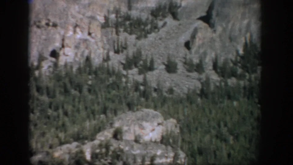 1959 Colorado 8mm view of a tree-lined rocky hillside with pale boulders, cliff textures, and heavy dark borders from the film scan.