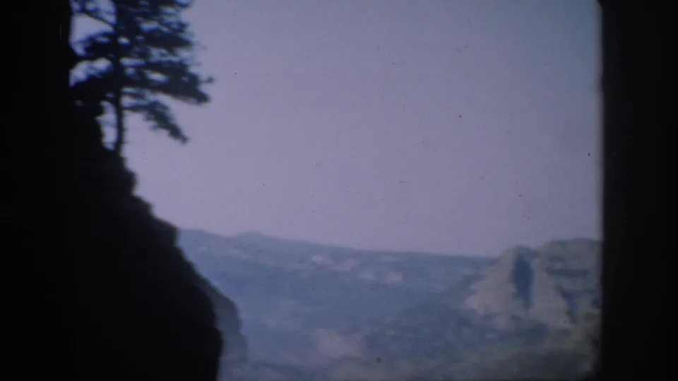 1959 Colorado road-view frame with dark roadside rock and pine branches at left, opening to a soft mountain valley.