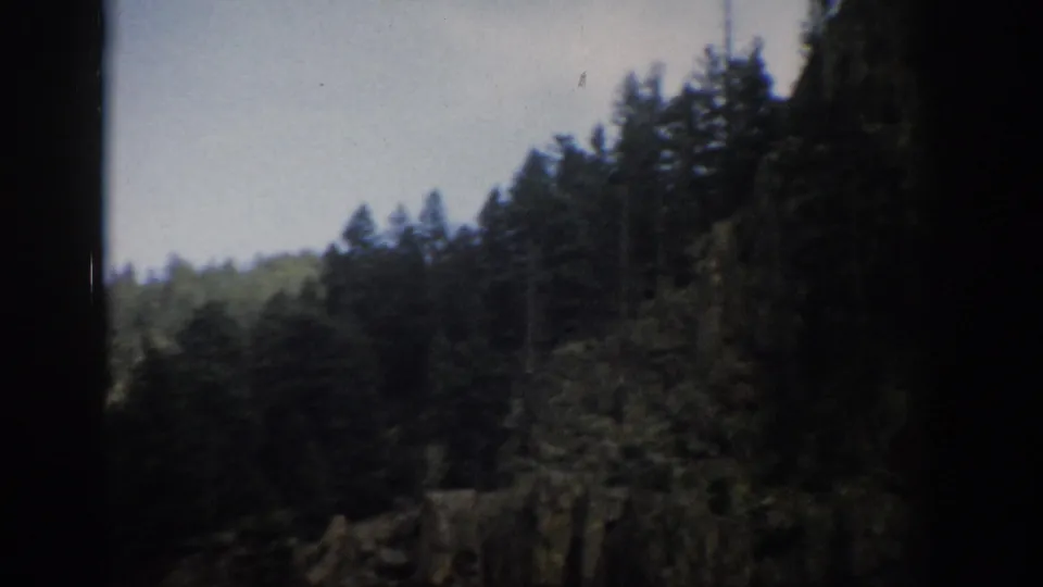 Colorado mountain landscape with evergreen forest, a distant ridge, and visible 8mm frame edge shadowing.