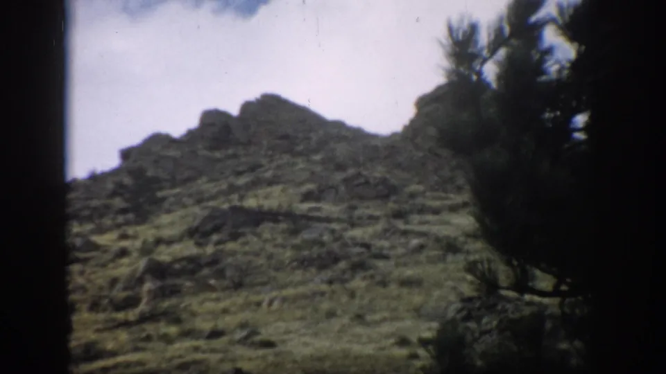 1959 Colorado frame showing a rocky grass-covered slope, pale sky, pine branches, and dark film edge.