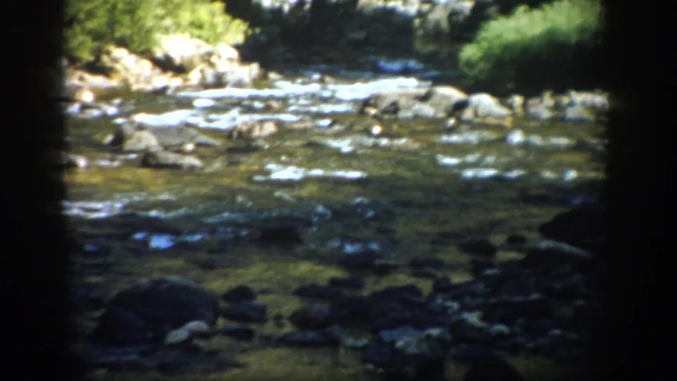 1959 Colorado frame showing a rocky stream with white water, dark foreground stones and green vegetation along the bank.