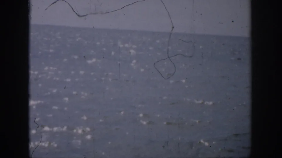 1959 Florida home-movie frame of the ocean seen through dark vertical edges, with water glints and visible hairline scratches.