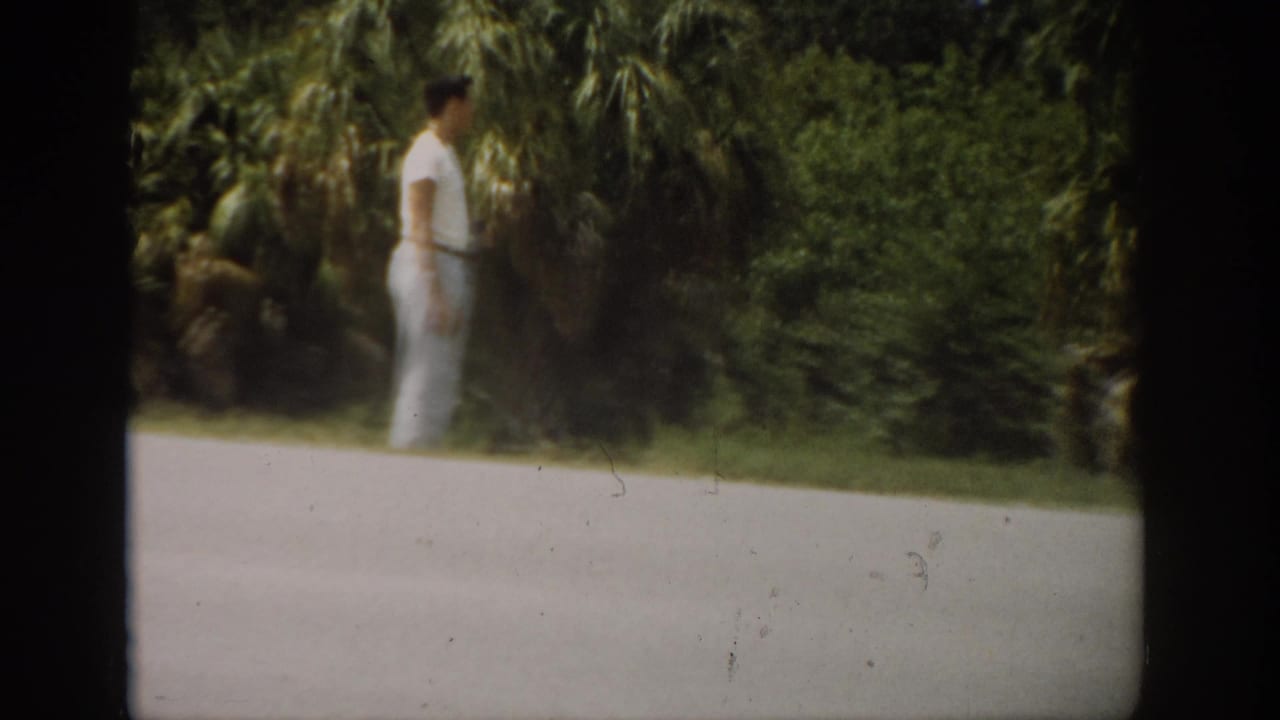 In 1959 Florida home-movie footage, a young man in a white shirt and light pants stands near a paved roadside lined with palms.