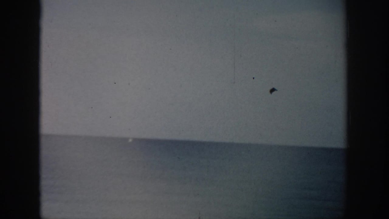 Open ocean and pale sky with a small bright mark near the horizon and film dust visible.