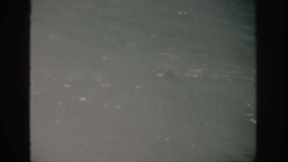 1959 Florida 8mm frame with muted ocean water, faint foam, soft exposure, dust, and prominent dark film gate edges.