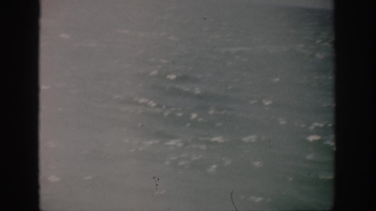 1959 Florida 8mm frame showing calm open ocean under hazy overcast light, with dark gate edges and surface whitecaps.