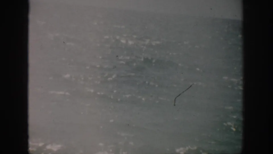 1959 Florida home-movie frame of calm open water, with faint whitecaps, faded color, and visible 8mm scratches.