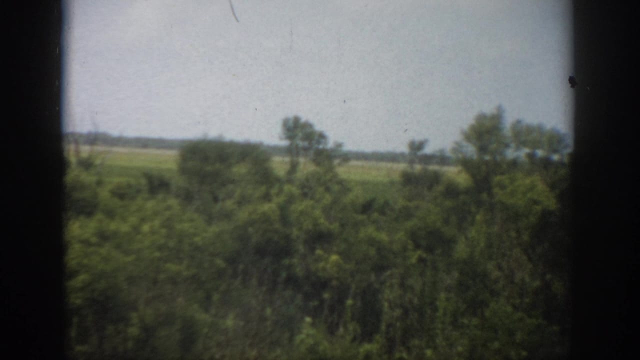 Flat grassy land and trees seen beside a narrow river through dark 8mm frame edges.