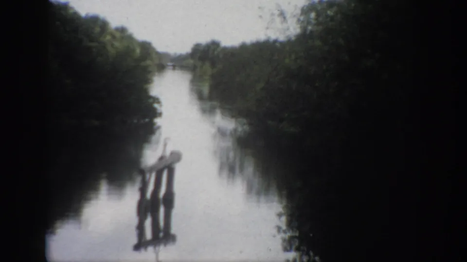 1959 Florida 8mm view of a calm tree-lined river, with a small wooden structure standing in the water and heavy edge shadowing.