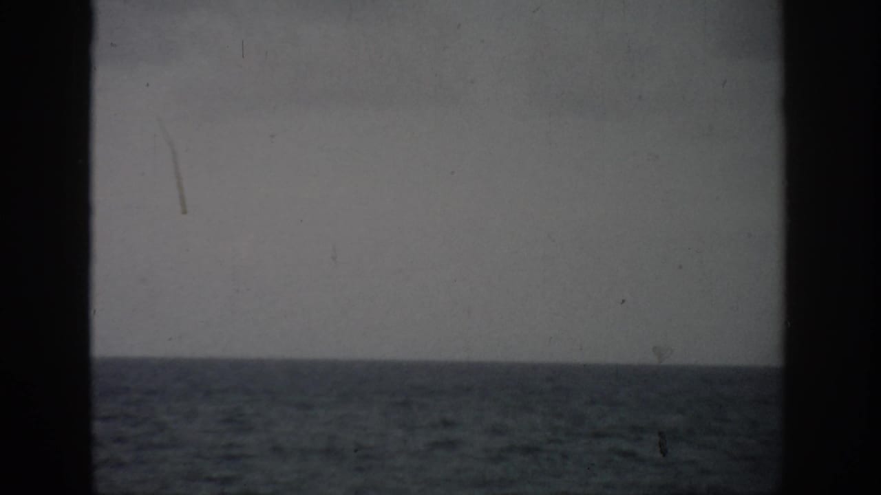 Ocean horizon and small surf seen through dark vertical frame borders under a gray sky.