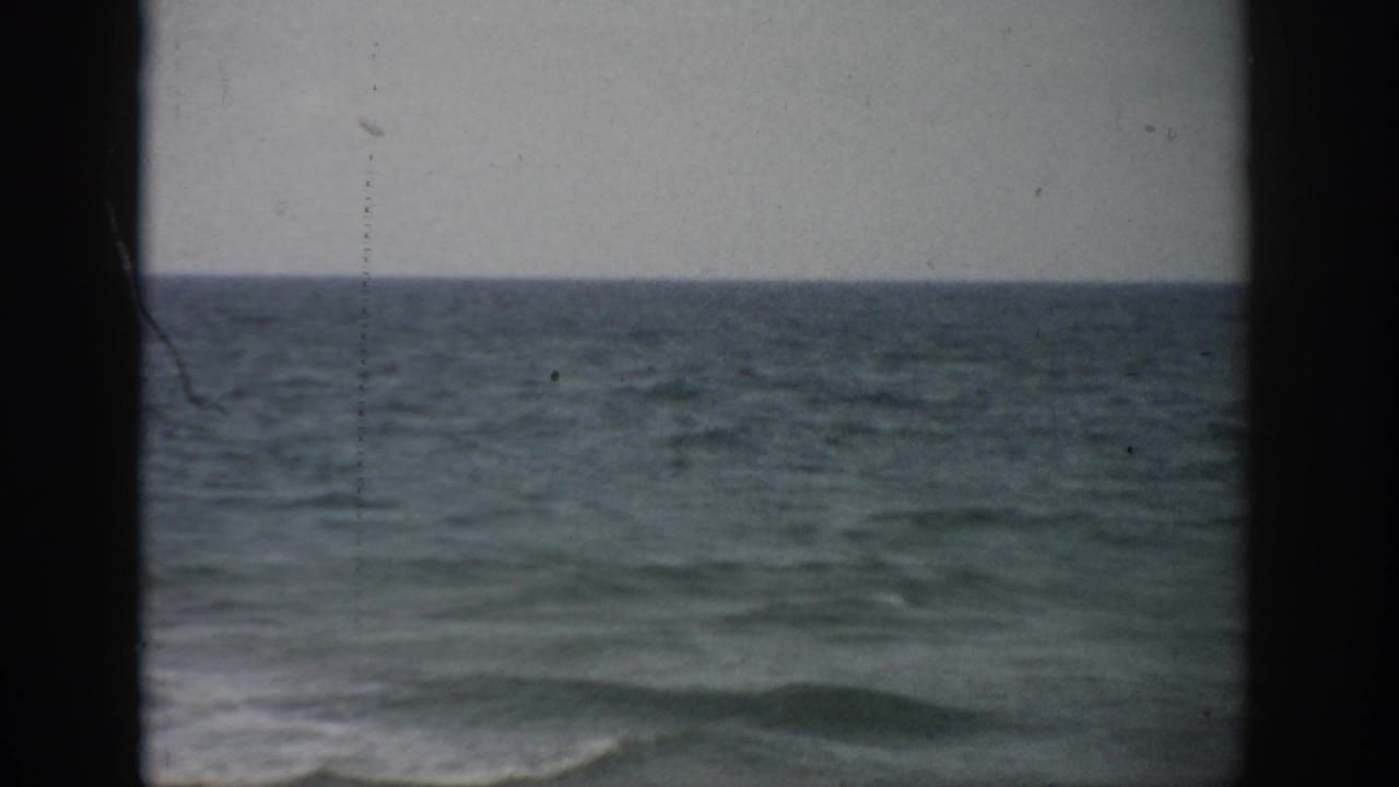 Ocean horizon and gentle surf seen through a dark vertical frame.