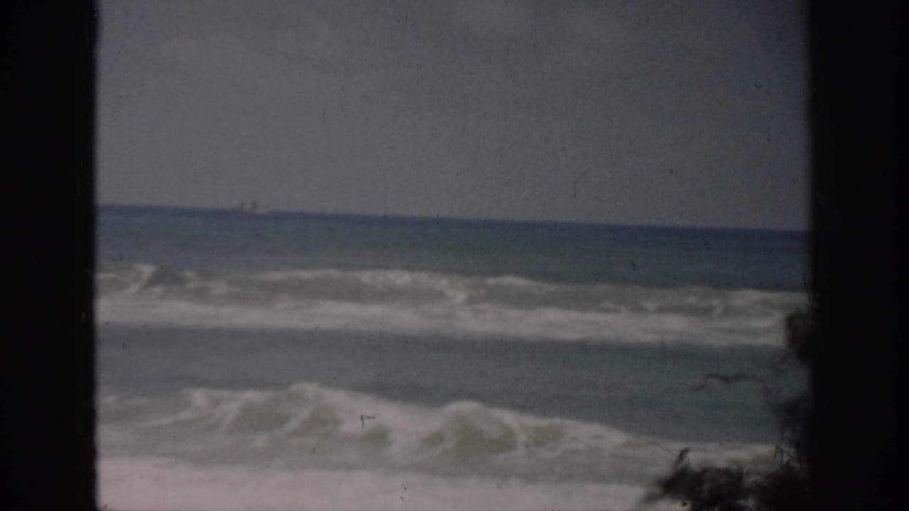 Ocean waves roll toward shore under a dim sky, seen through dark vertical framing.