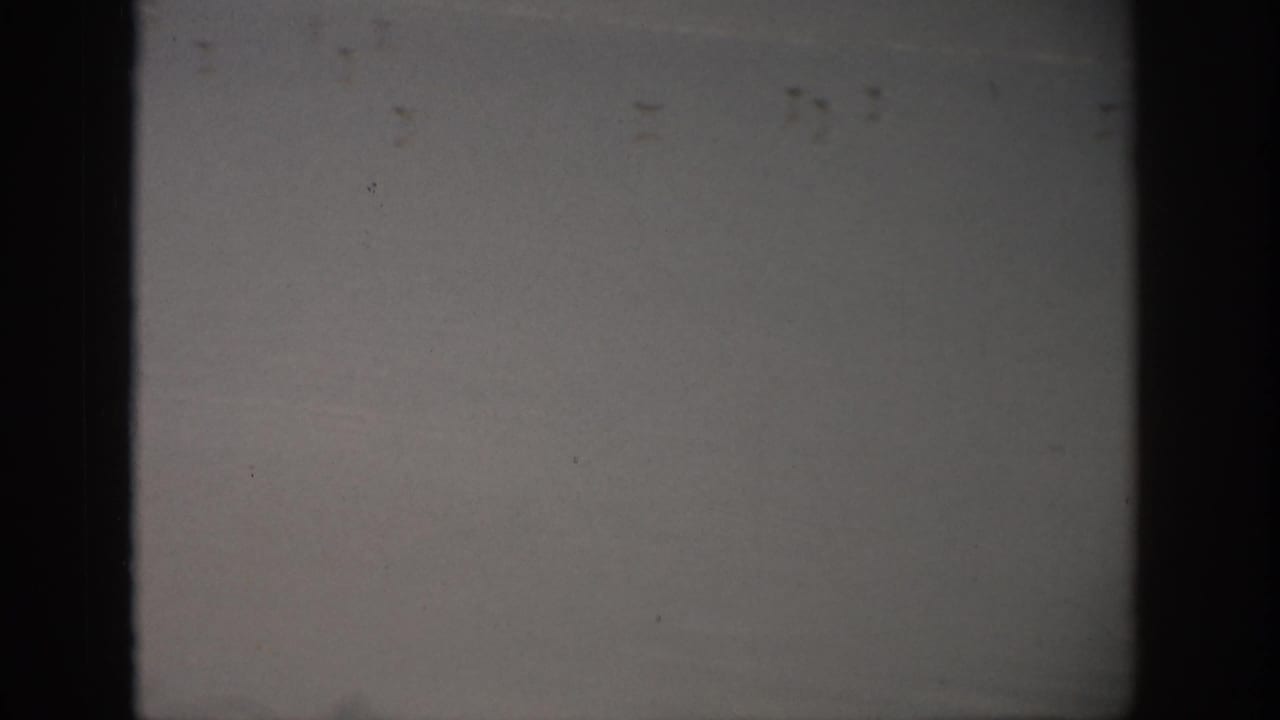 Distant ocean surf and wet beach seen through dark film-frame borders.