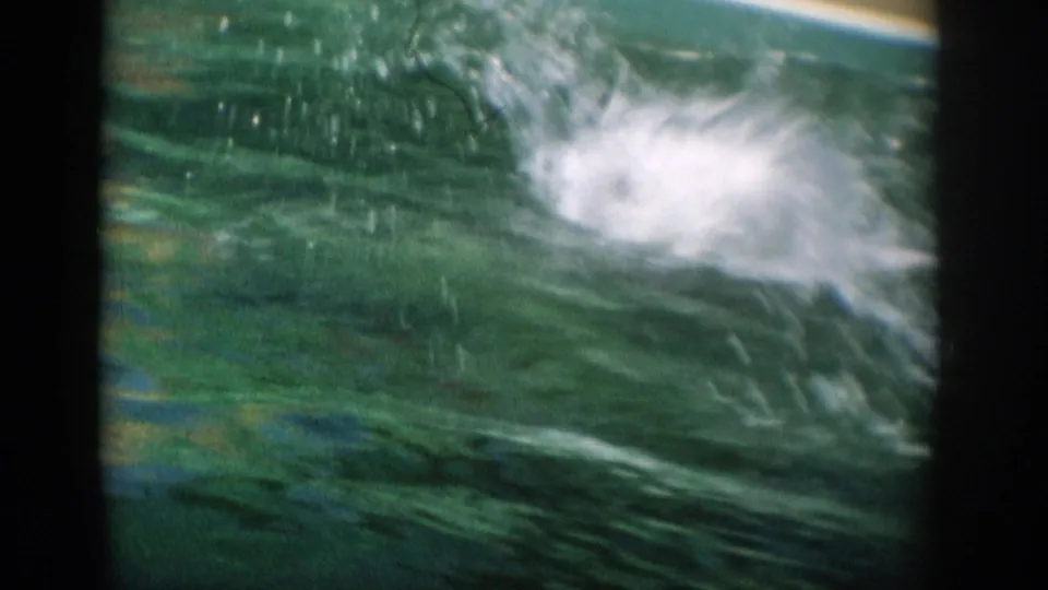 1959 Florida 8mm frame showing a blurred splash and rippling green pool water at a dolphin show.