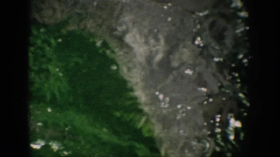Blurry 8mm underwater-looking frame with green aquatic vegetation and gray textured forms, likely from the same Florida home-movie sequence.