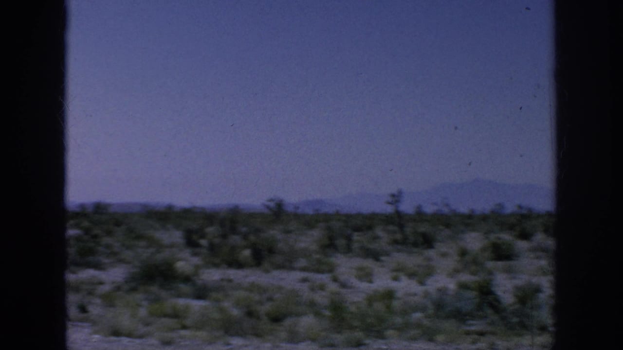 Arid terrain with scattered shrubs and a soft mountain horizon, partly obscured by a dark vertical vehicle window frame.