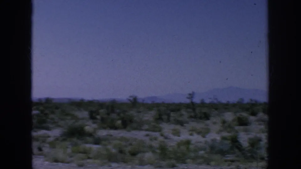 Arid terrain with scattered shrubs and a soft mountain horizon, partly obscured by a dark vertical vehicle window frame.