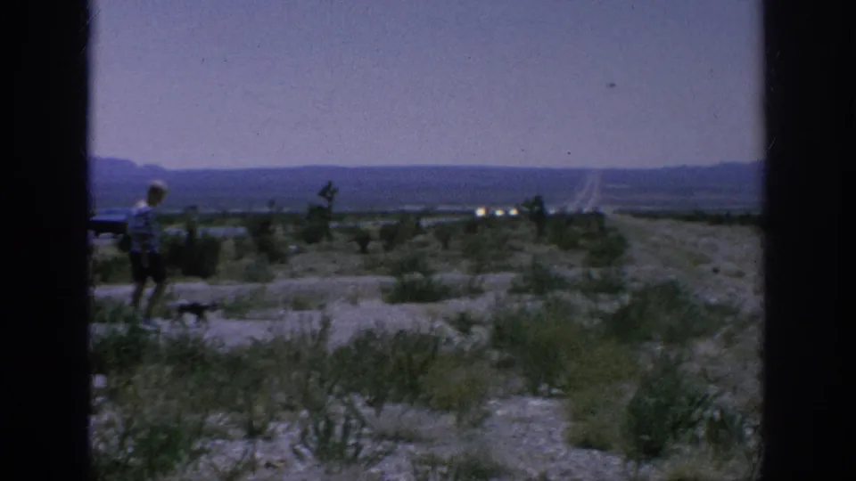 Distant man walking a small dog beside an open roadside, with cars, scrub, and mountains in the background.