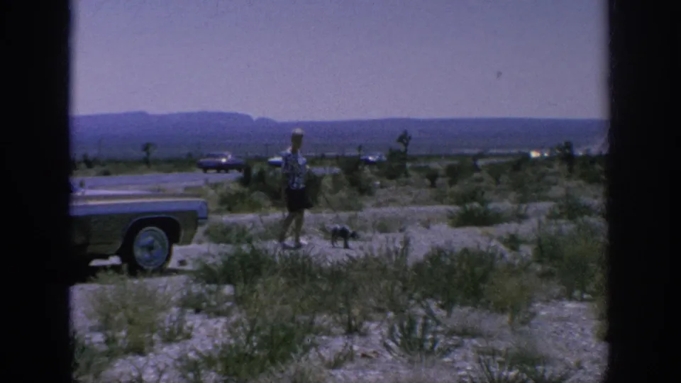 A distant man stands or walks with a small dog near a parked mid-century car, scrub vegetation, and mountains beyond.