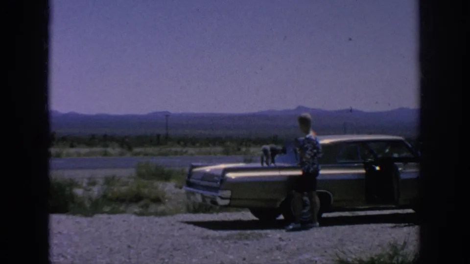 Man in patterned shirt stands by the front of a classic car with a small dog on the hood in a 1960s roadside scene.