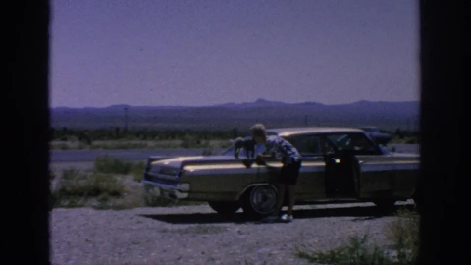 A woman attends to a small dog on the hood of a parked sedan, with open land and mountains in the background.