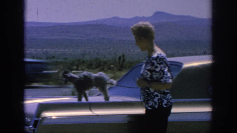 1962 home-movie frame with a woman beside a classic sedan, a poodle on the hood, and a passing car on the road behind.