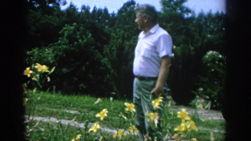 Adult man in a white short-sleeved shirt stands near yellow flowers in a Blainsport, Pennsylvania garden, consistent with 1962 metadata.