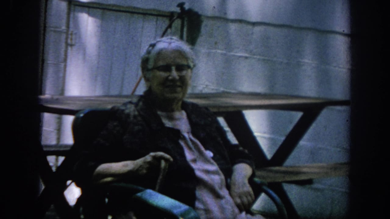 Elderly woman with glasses seated in a wheelchair near a cinder block wall.