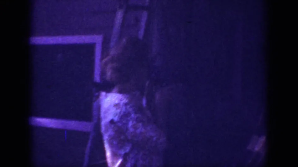 Dim interior 8mm frame with purple-blue color shift, showing a partially visible person in a patterned dress near a dark wall or doorway.