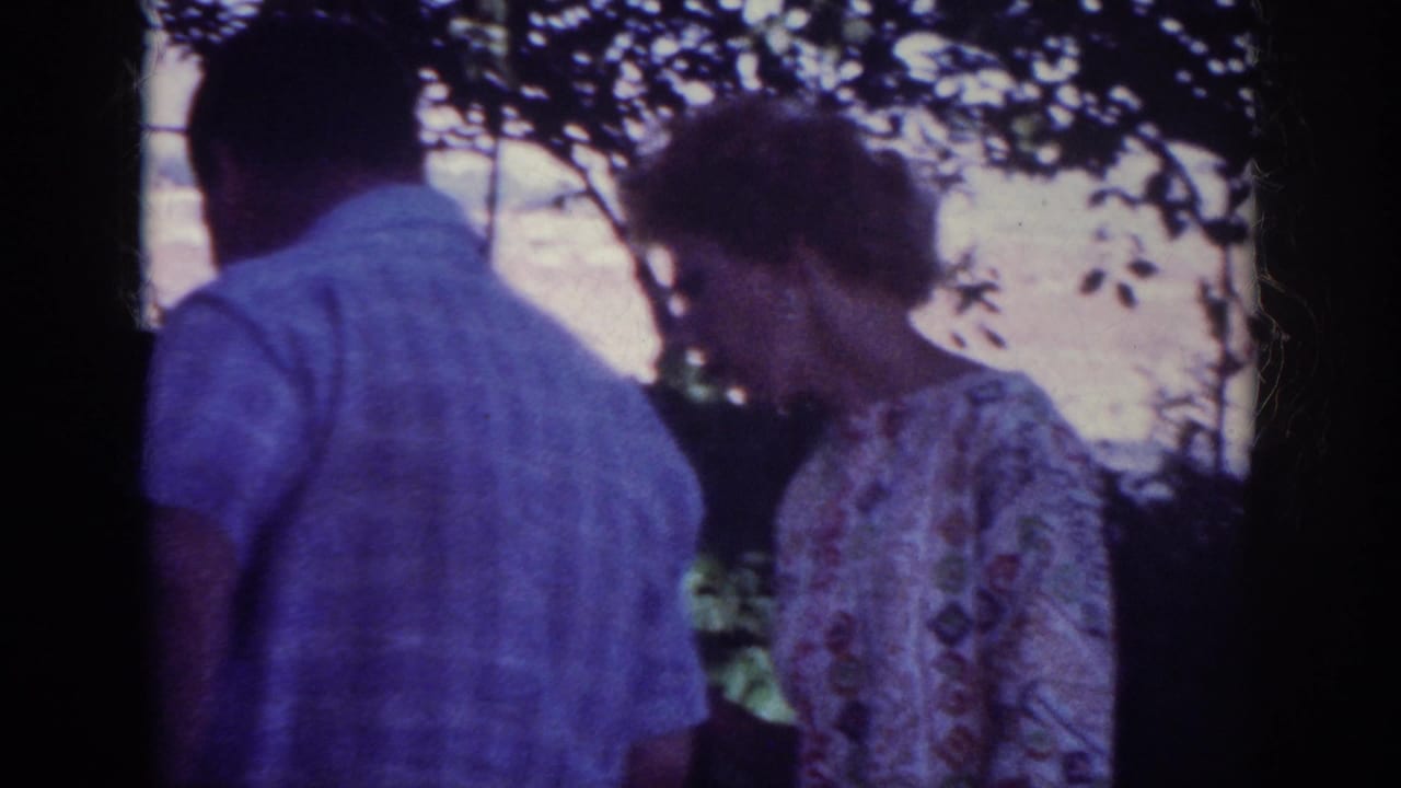 In metadata-supported 1962 Blainsport, Pennsylvania footage, two adults stand near flowerbeds in a shaded backyard.