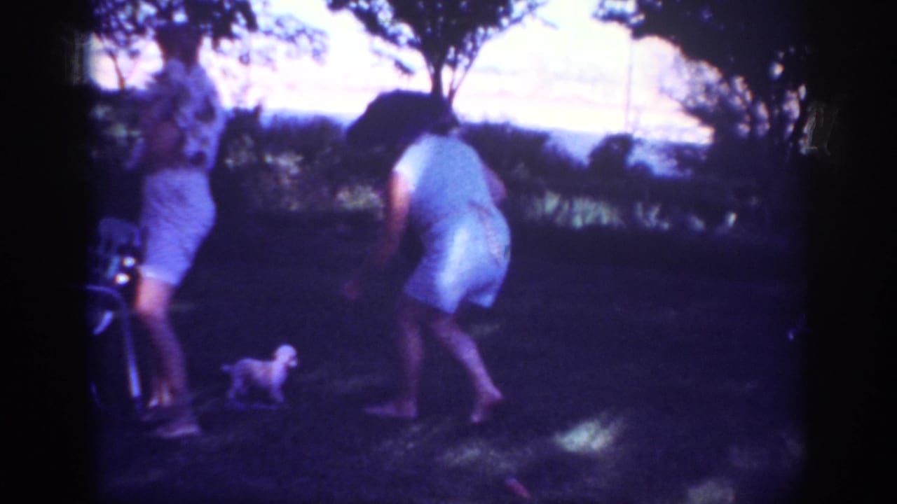 In Blainsport, Pennsylvania, 1962 home-movie footage, a woman in a light dress bends toward a small puppy in a shaded grassy yard.