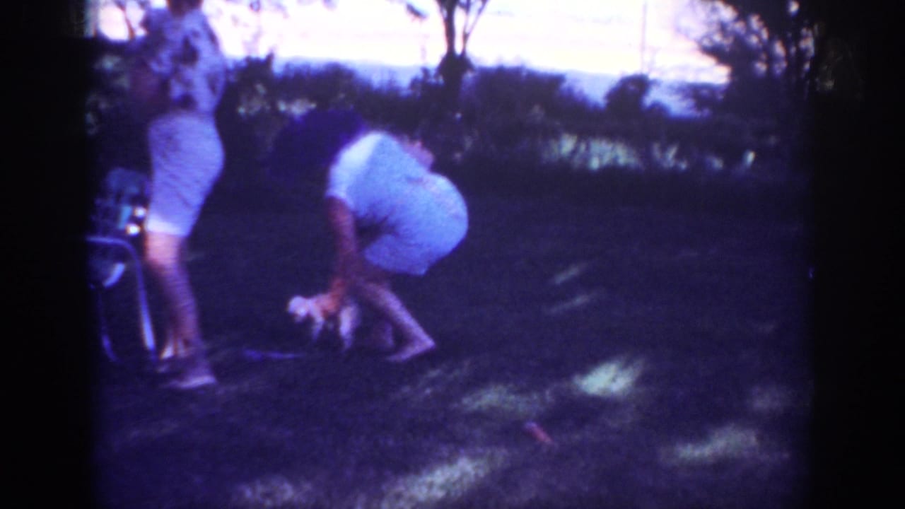 The woman bends low to catch or pick up the small puppy in a tree-lined yard, with another adult partly visible nearby.