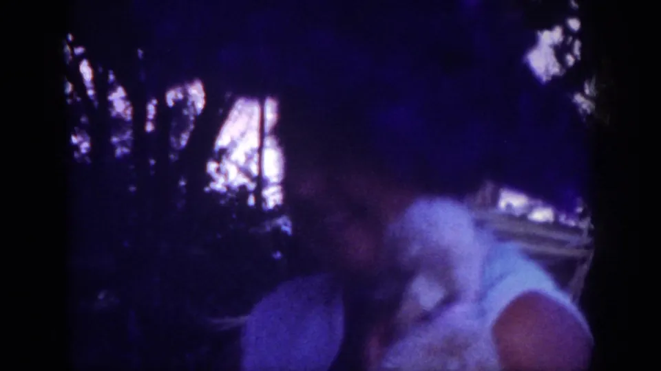 A blurred close frame shows the woman and white dog in an outdoor wooded setting, with the hat and dress partly visible.