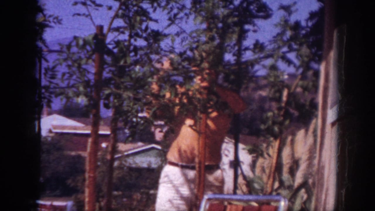 Shirtless man in white shorts trimming branches beside a house and patio chair.
