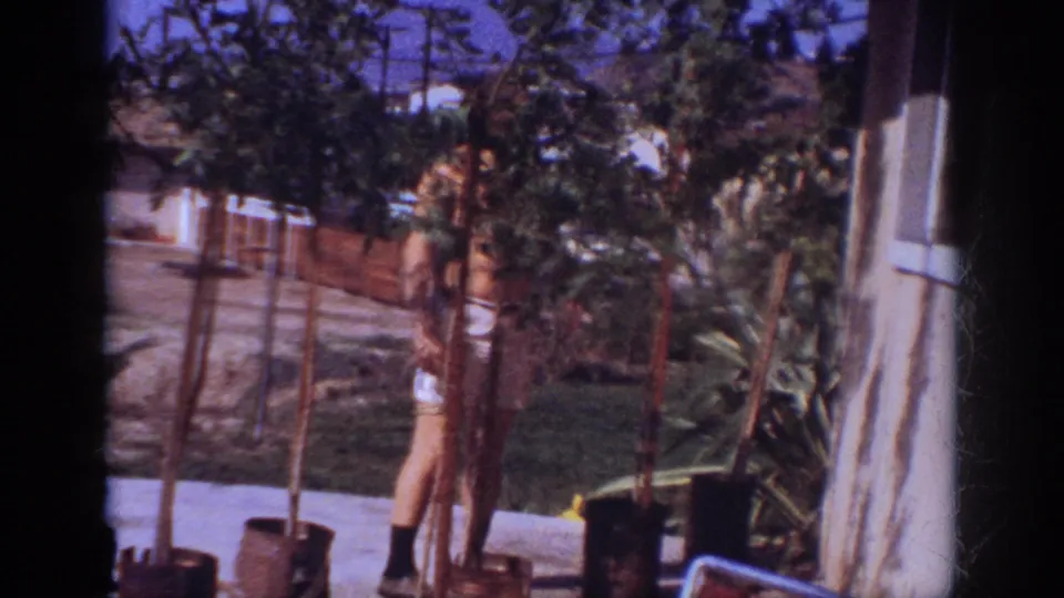 In the 1962 Blainsport home-movie scene, a shirtless man stands near potted trees on a bright residential patio.