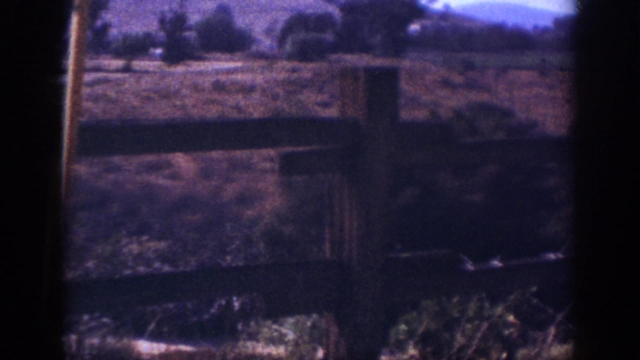 Fence posts and rails cross a rural field with trees and low hills beyond.