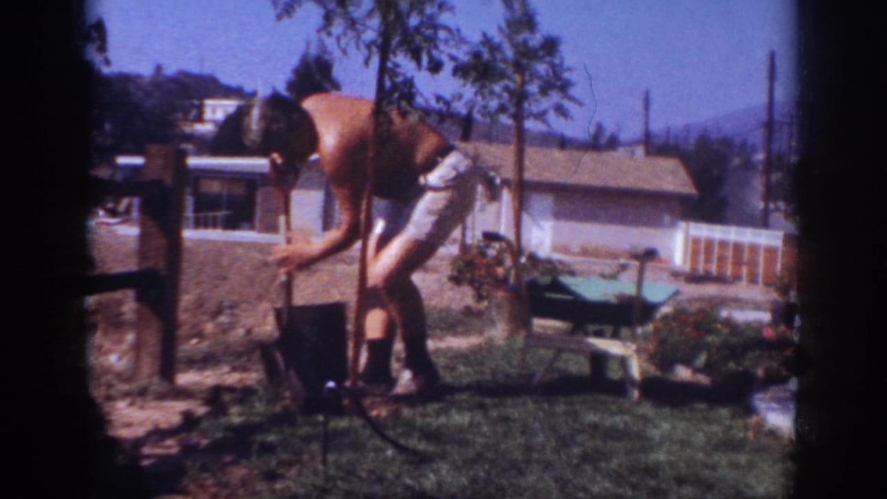 Man leans over the planting area with a shovel, wheelbarrow nearby.