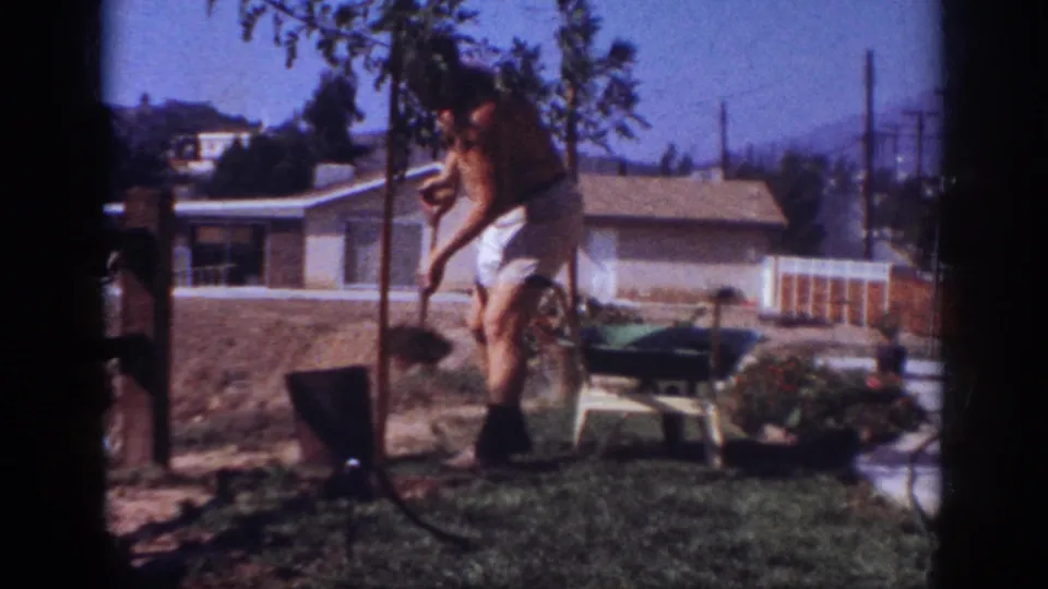 The man stands near the young tree with a shovel in hand, with the suburban house, wheelbarrow, and distant hills behind him.