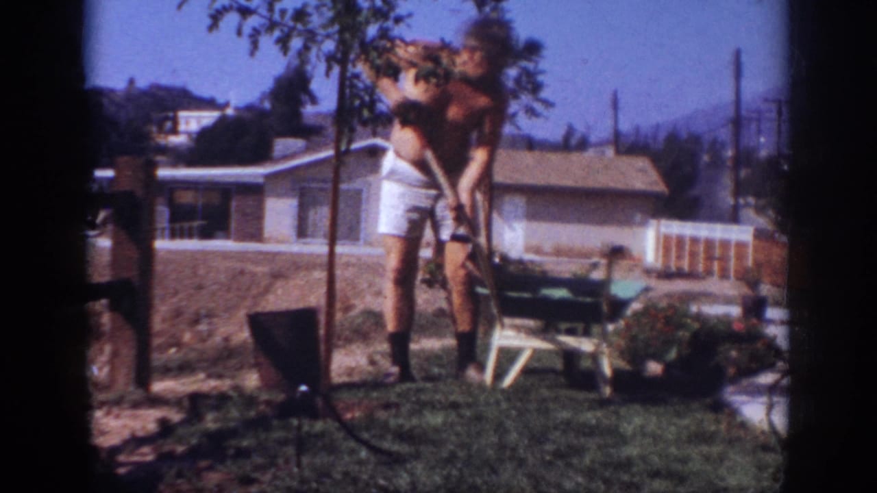 A man in white shorts works with a shovel beside a young tree in a sunny Blainsport backyard, with a ranch-style house behind him.