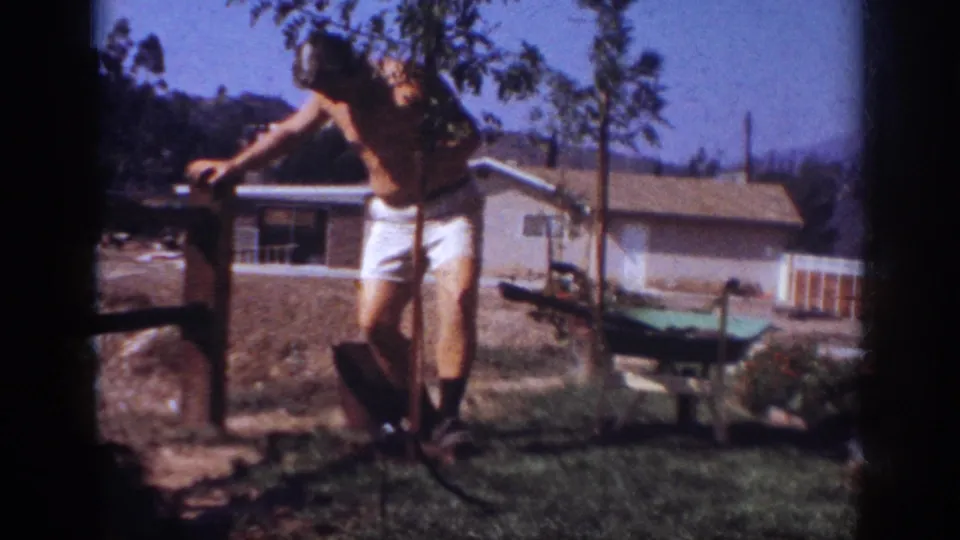 The man reaches across the work area near the shovel, young tree, and wheelbarrow in the 1962 Blainsport backyard scene.